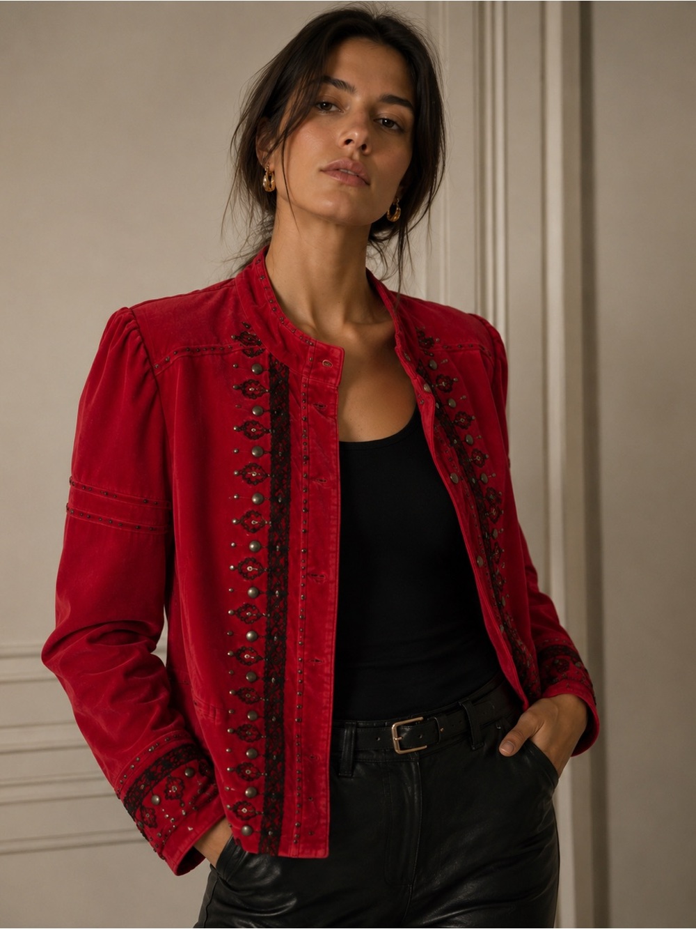 Free People Military Embroidered Jacket Red Velvet Style Size S